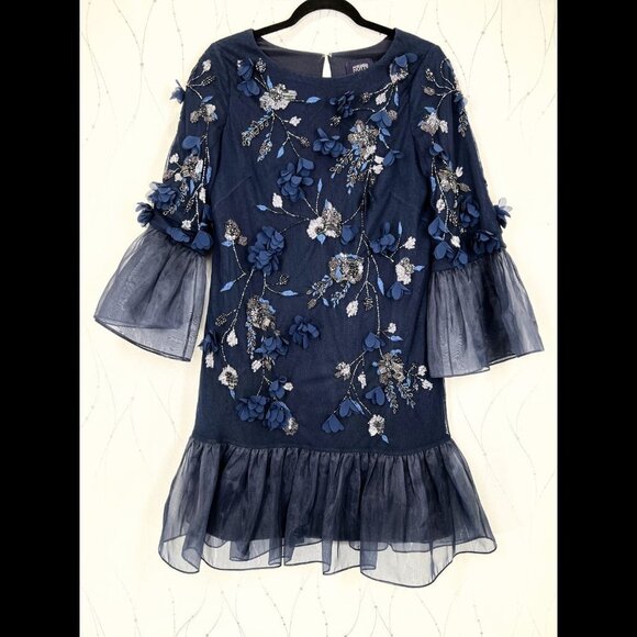 Marchesa Notte Navy Blue Tunic-Cut 3D Flowers Cocktail Dress $795 - Picture 2 of 9